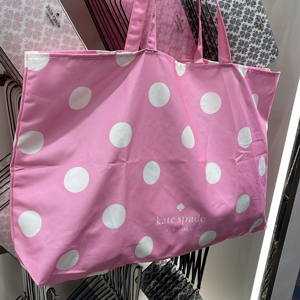 Kate Spade Soft Pink-White Polka Dots Canvas Tote XL Reusable Shopping Beach Bag - Picture 16 of 16